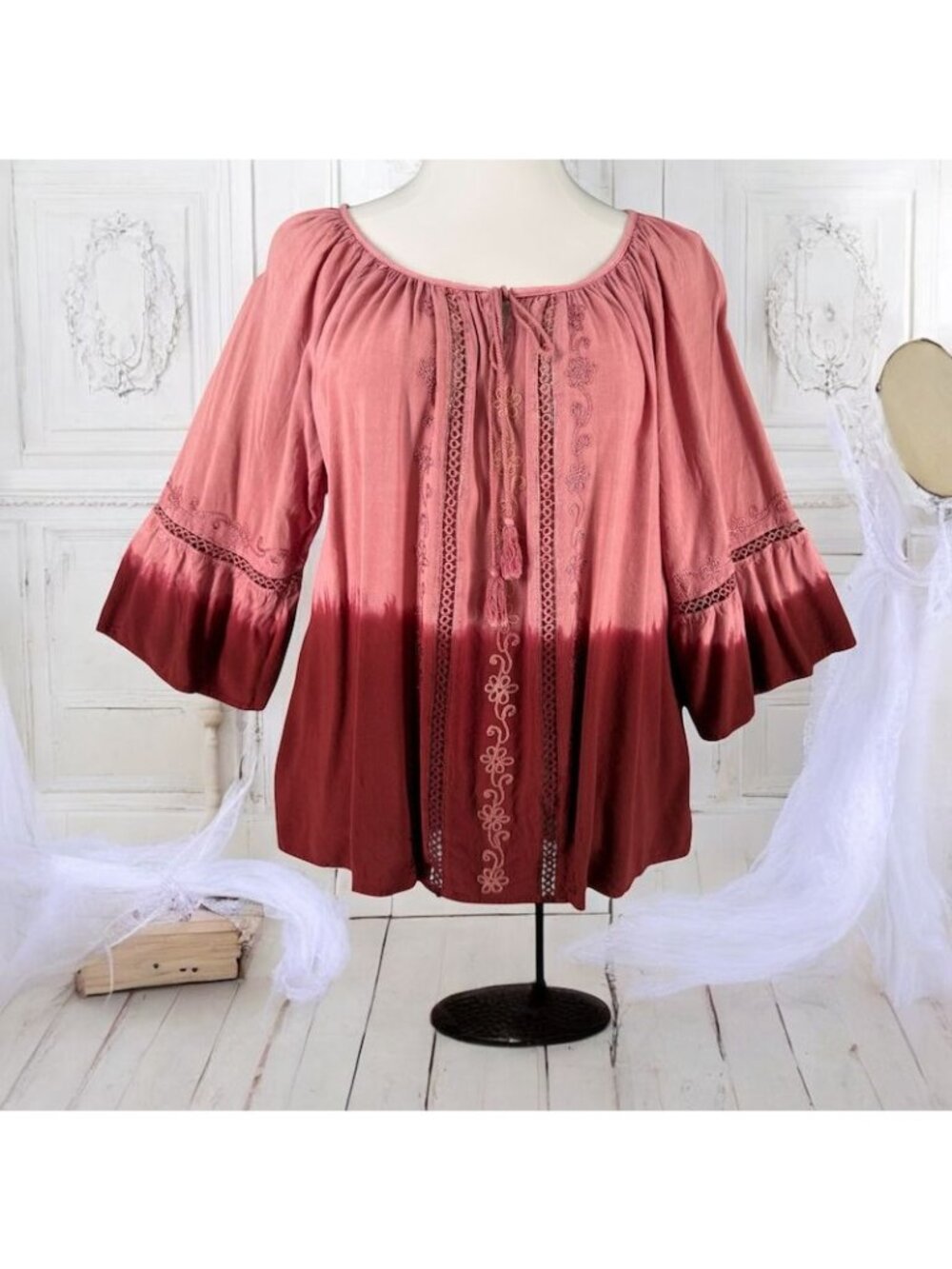 Studio West Womens 2X Blouse Ombre Boho Tunic Embroidered Bell Tie Dye
